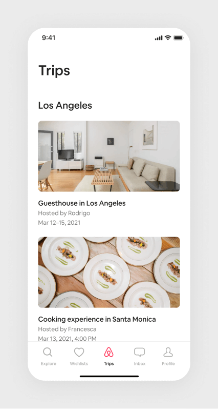 A screenshot showing two upcoming reservations, one for a stay in Los Angeles, and one for a cooking experience