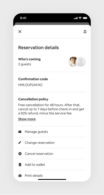 A screenshot with reservation details and actions to change the reservation