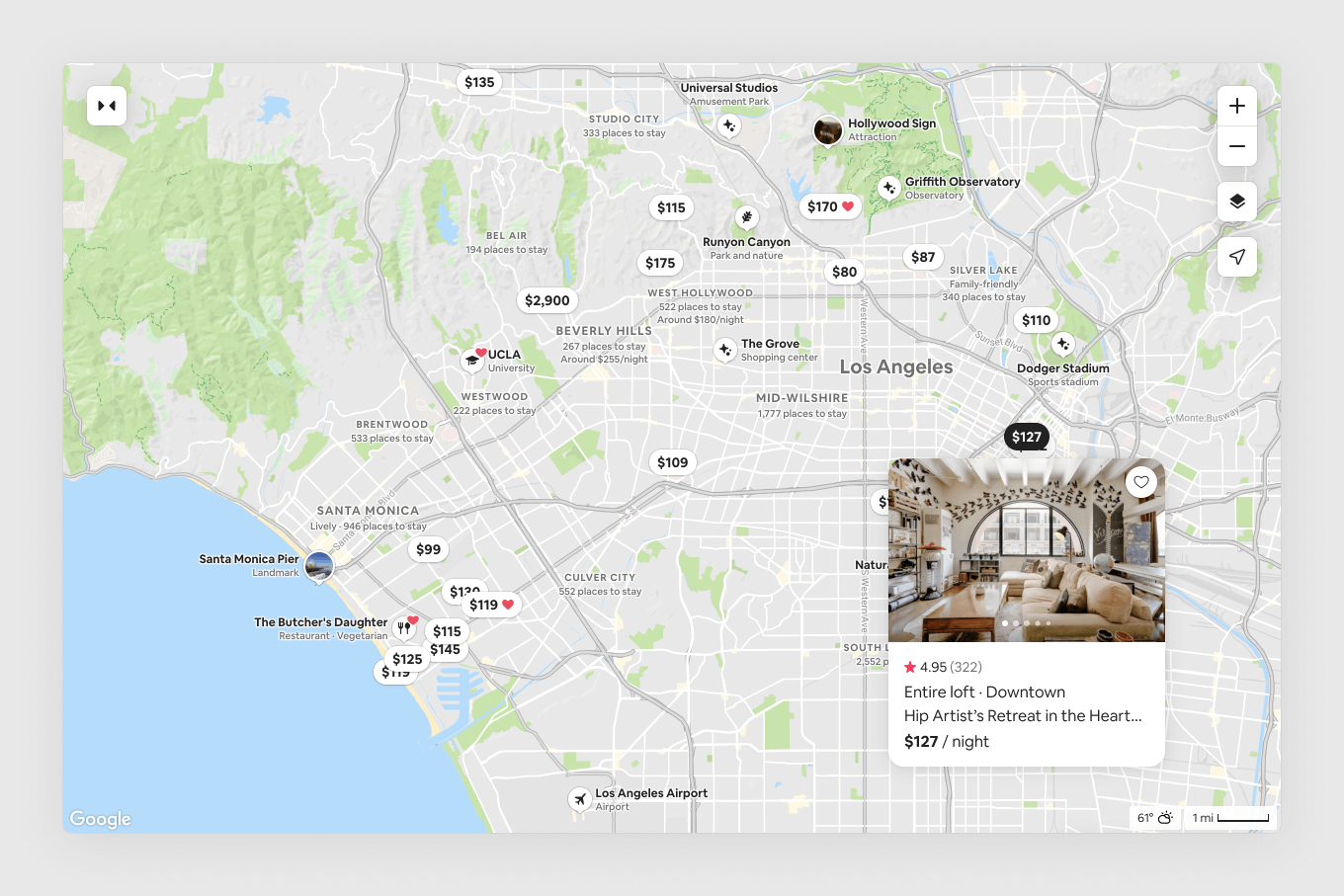 Map of Los Angeles showing location of Airbnb listings, points of interest, and neighborhood names