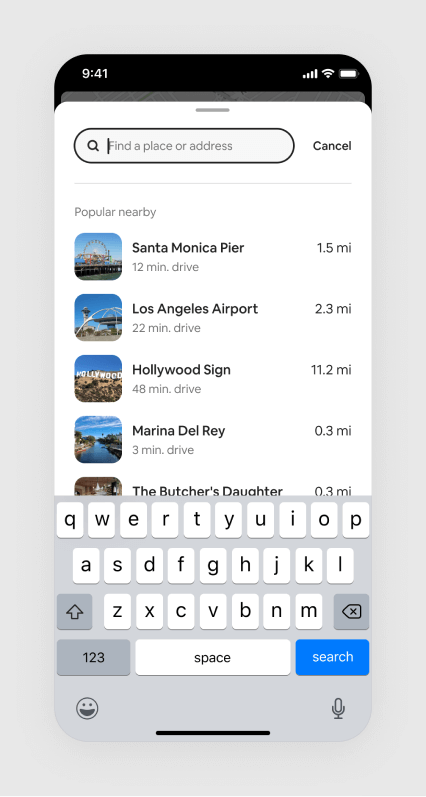 A screenshot that shows a point of interest search field and list of popular places around Venice, California