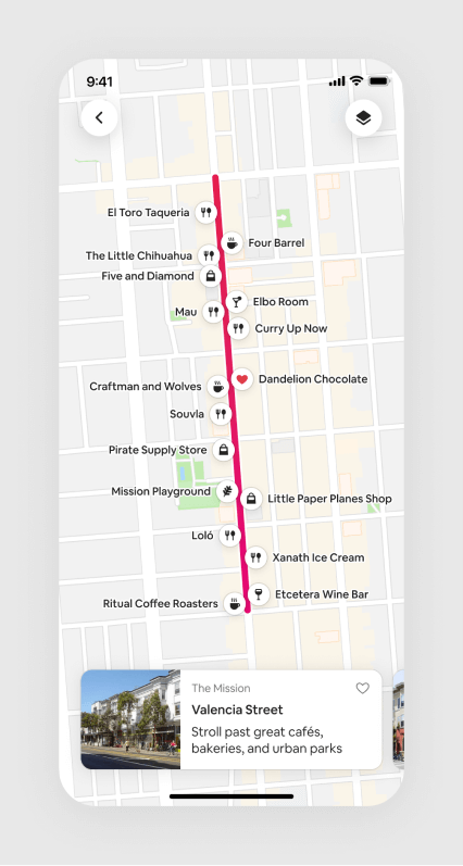 Map showing a highlighted section of Valencia Street with selected points of interest