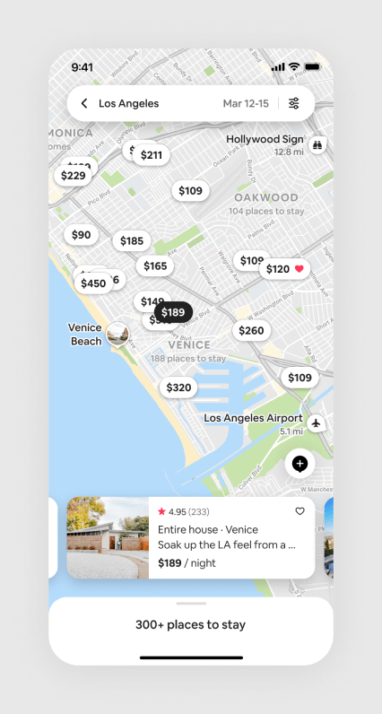 A screenshot of Airbnb's search results map view with listing pins, point of interest markers, and search field