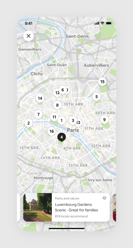 A screenshot of Airbnb's things to do view of Paris with ordered pins from 1 to 16 that show the top places to visit in the city