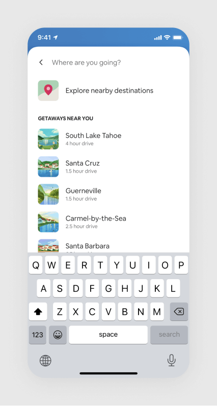 Screenshot of Airbnb search input view with list of destinations and travel distances