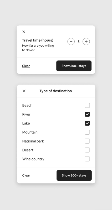 Screenshot of filters featuring a driving distance limit a list of destinations such as beach, river, and mountain