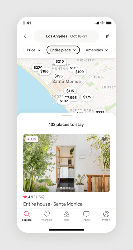A screenshot of Airbnb's search results page with the entire place filter selected