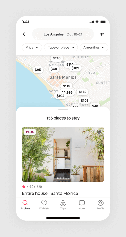 A screenshot of Airbnb's search results page with a map of Los Angeles and a list of places to stay