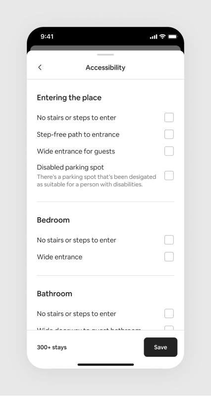 A screenshot of the accessibility filters including checkboxes for have no stays or steps to enter, disabled parking spots, and more