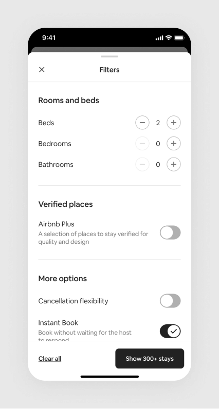 A screenshot of the full filter view including filters for number of beds, bedroom, and bathrooms