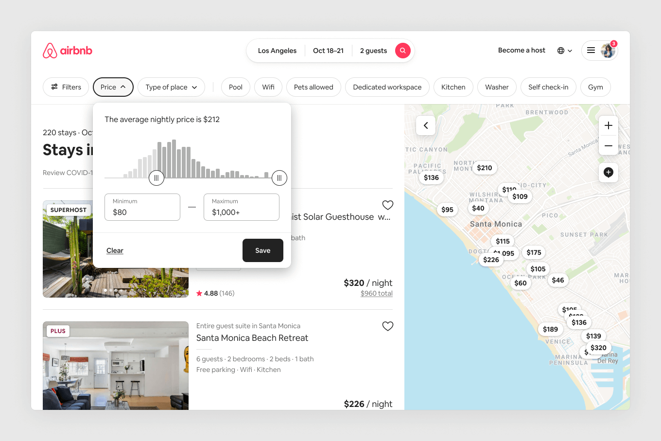 Desktop screenshot of an Airbnb search results page with listings and a map of Los Angeles